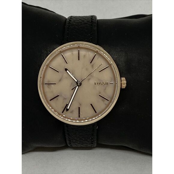Fossil BQ3492 Women's Black Leather Pink Analog Dial Genuine Wrist Watch CM700 - Picture 1 of 12